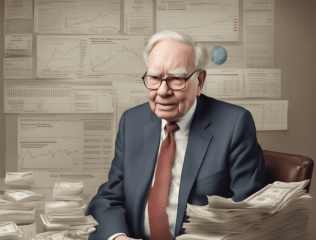 Warren Buffett omringd door aandelen.