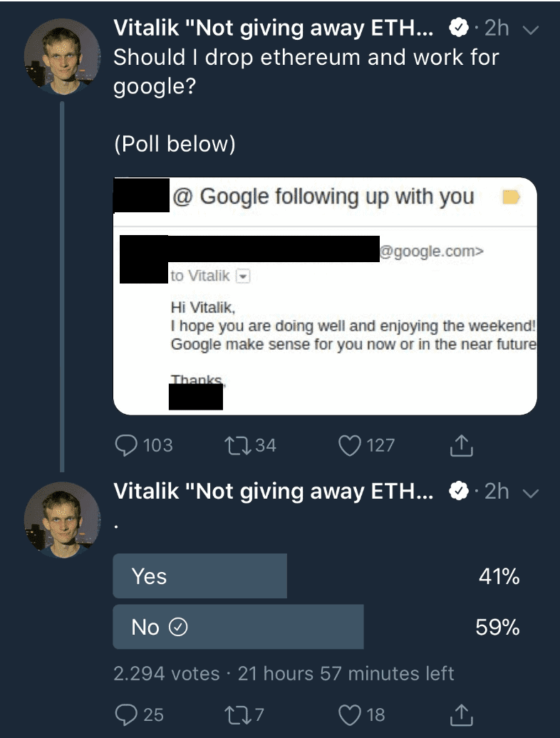 google_benaderd_vitalik_buterin_ethereum_twitter_bericht