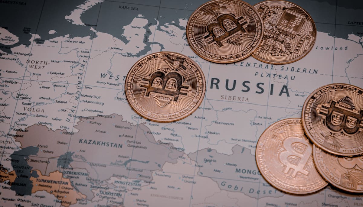 rusland op kaart met bitcoin munten