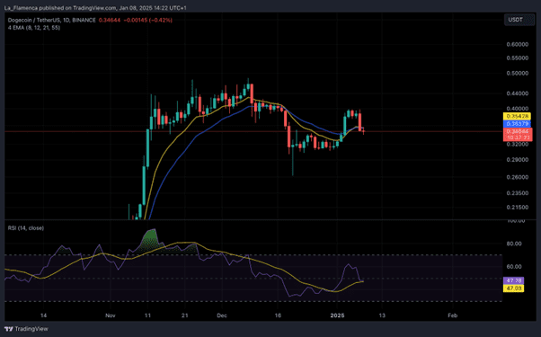 De grafiek van dogecoin (DOGE) sinds november.