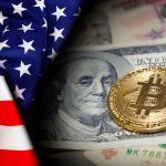 bitcoin op een dollarbiljet met de Amerikaanse vlag