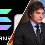 Een afbeelding van de Argentijnse president Milei (rechts) en het cryptonetwerk Solana (links) waar veel memecoins op gebouwd worden