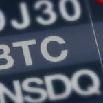 De ticker van bitcoin (BTC) in een lijst met indices. BTC klimt terwijl NASDAQ en de Dow Jones 30 dalen