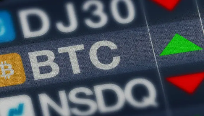 De ticker van bitcoin (BTC) in een lijst met indices. BTC klimt terwijl NASDAQ en de Dow Jones 30 dalen