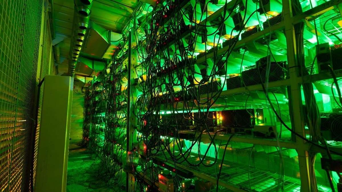 Een afbeelding van bitcoin miners die staan opgestapeld in een grote loods met groene verlichting