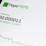 Een afbeelding van de koers van de cryptomunt en tevens memecoin pepe (PEPE)