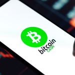 Een afbeelding van een telefoon met daarop het bitcoin cash (BCH) logo, met op de achtergrond een grafiek en marktdata