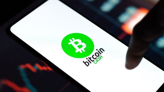 Een afbeelding van een telefoon met daarop het bitcoin cash (BCH) logo, met op de achtergrond een grafiek en marktdata