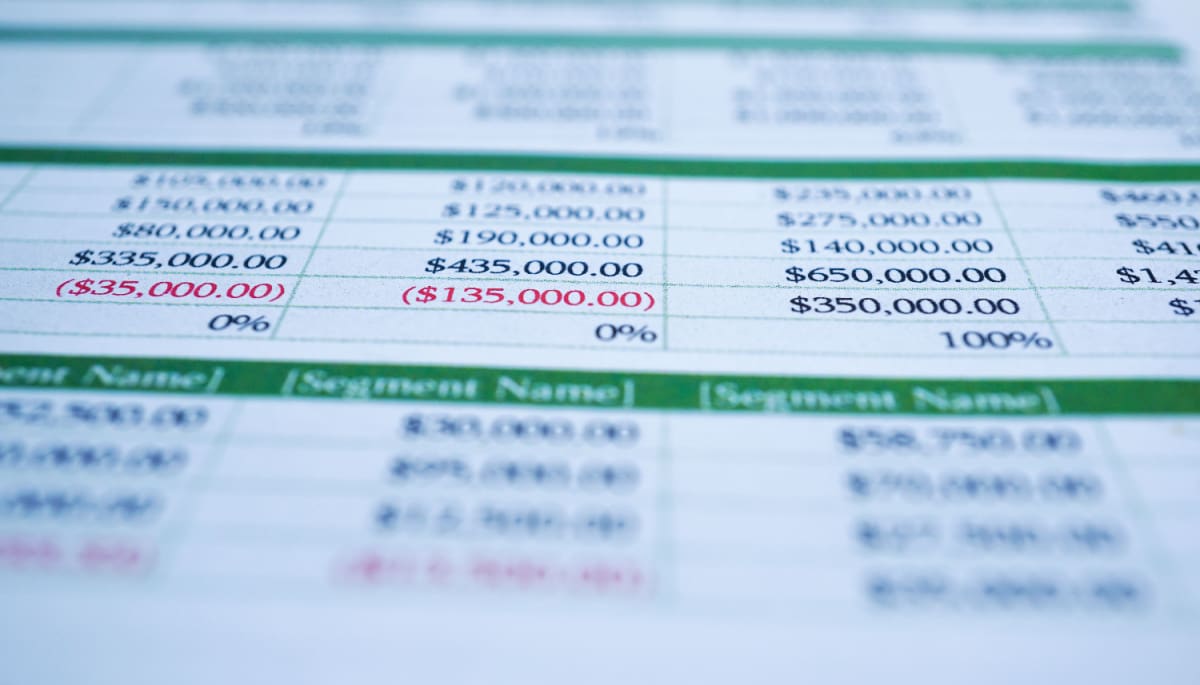 Een spreadsheet met grote dollarbedragen, waarvan sommige roodgekleurd_ representatief voor fraude met financiën, aandelen en crypto