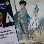 Foto van Studio Ghibli film Boy and Heron met foto van Hayao Miyazaki