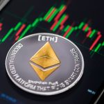 Foto van een ethereum munt op een mobiel met een candle grafiek Foto van een ethereum munt op een mobiel met een candle grafiek