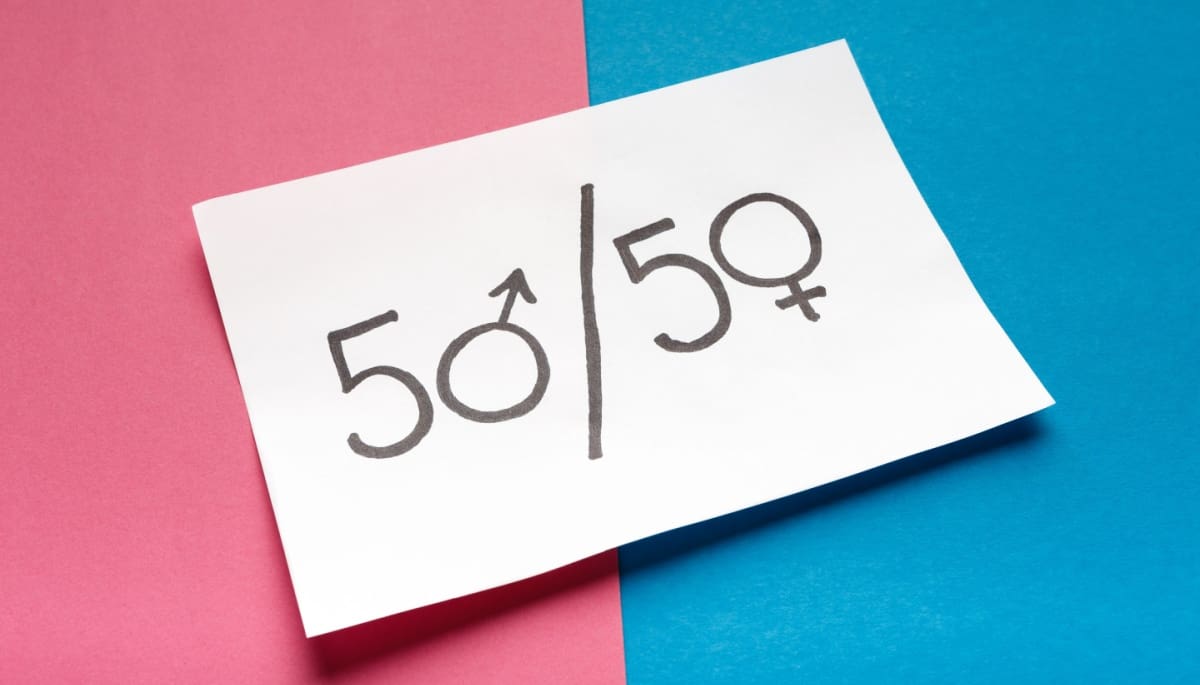 een foto van 50/50 en een roze en blauwe vlak waarop ook de icoontjes van man en vrouw te zien zijn