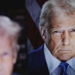 Donald Trump kijkt serieus naar de camera