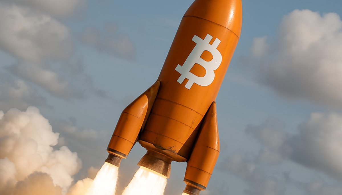 Een bitcoin raket die opstijgt