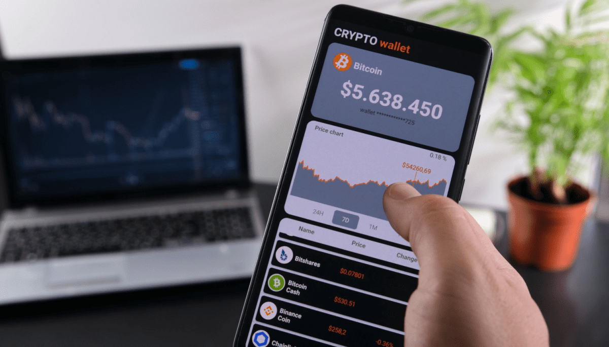 Afbeelding van een cryptowallet met bitcoin