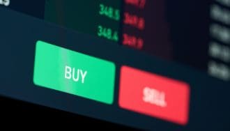 Een afbeelding van een bitcoin order menu, met een koop 'buy' knop en een verkoop 'sell' knop