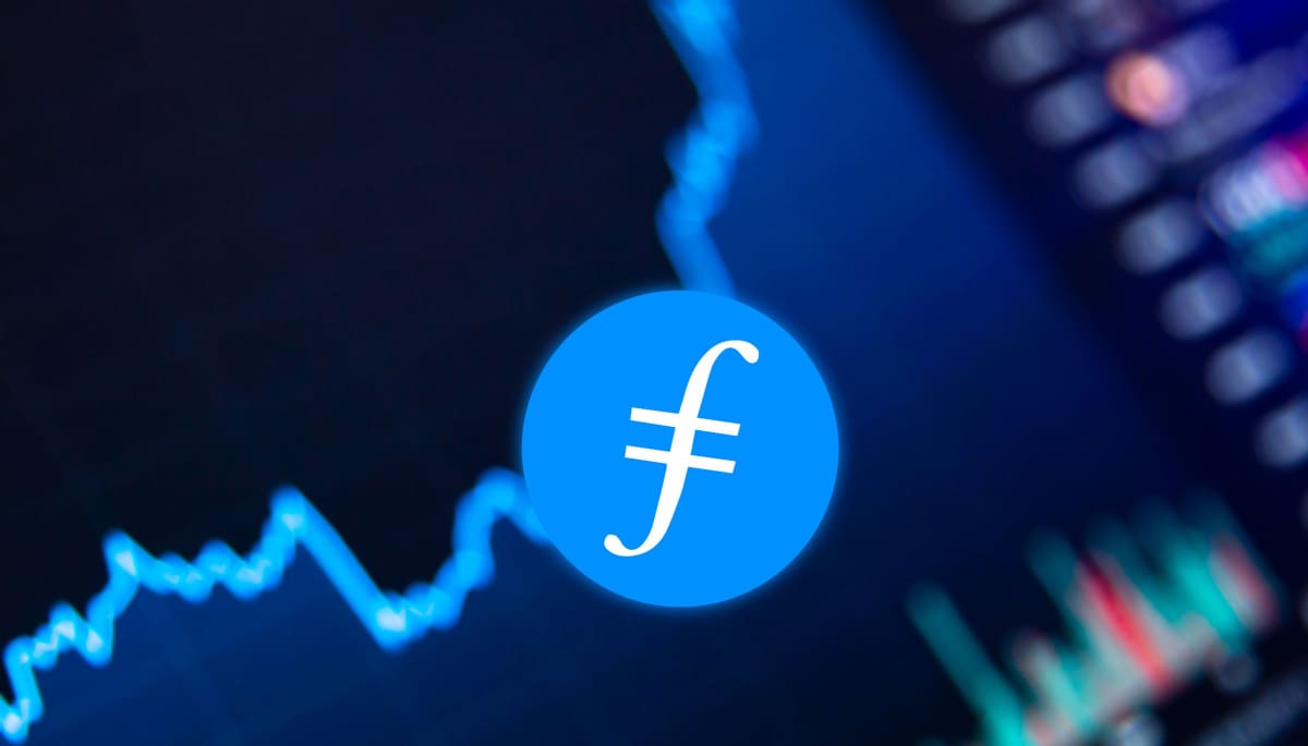 Een afbeelding van het logo van filecoin, een oude cryptomunt (dinocoin), met op de achtergrond een koers