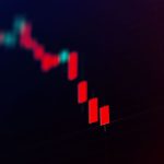 Een dalende grafiek van de bitcoin koers in een candle chart vorm met de BTC prijs erbij