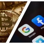 Een split image met aan de linkerkant verschillende belichte munten van bitcoin (BTC) en aan de rechterkant apps van big tech bedrijvne zoals Google Facebook en Amazon