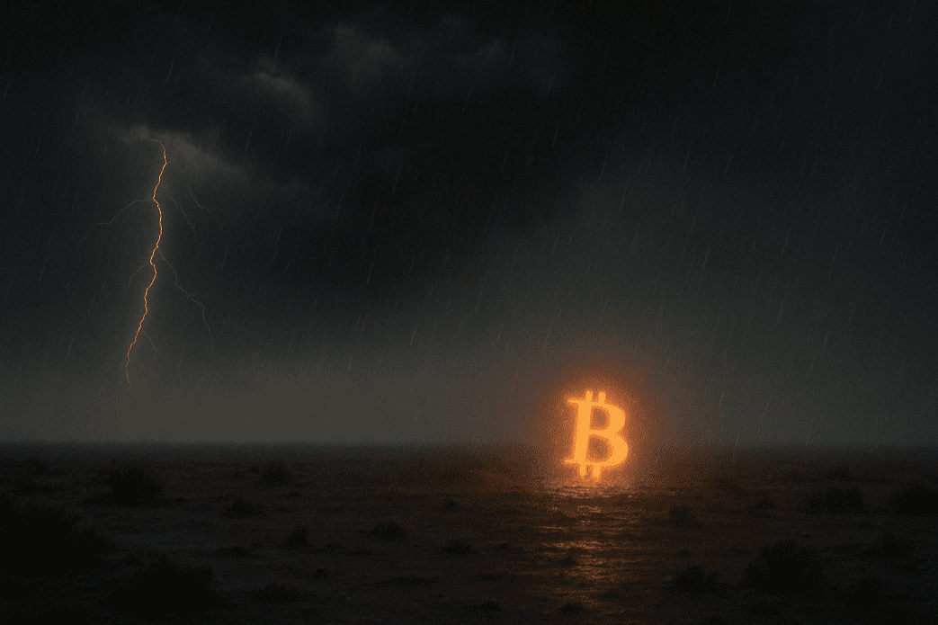 Bitcoin logo oranje in storm (AI generated)