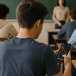 Een student in de klas op zijn telefoon die zit te handelen.