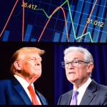 Afbeelding met Jerome Powell Donald Trump en een koersgrafiek