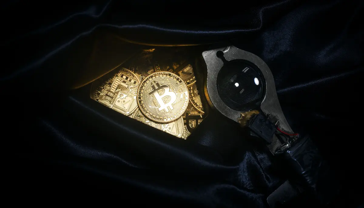 Een afbeelding van bitcoin munten in een weekendtas, vaak gebruikt bij een overval, en een vergrootglas om de zaak te belichten