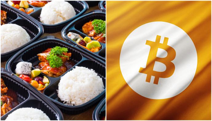Foto van kant-en-klaarmaaltijden en vlag met bitcoin logo