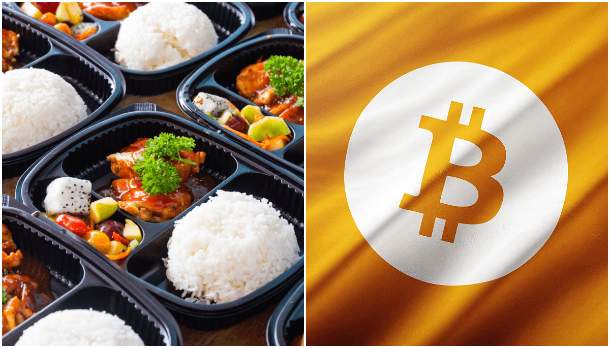 Foto van kant-en-klaarmaaltijden en vlag met bitcoin logo