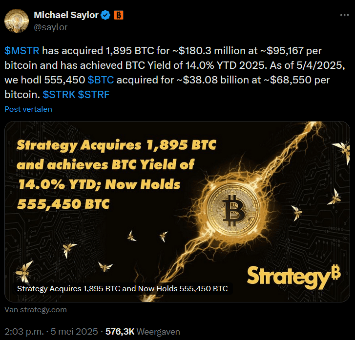 Strategy heeft in totaal ruim 38 miljard aan BTC gekocht voor een gemiddelde bitcoin prijs van $ 68.550. Bron: Michael Saylor op X