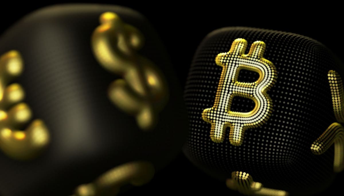 Plaatje van een digitale omgeving met een bitcoin en dollarteken