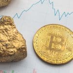 Een goudklomp en een bitcoin munt naast elkaar met een grafiek op de achtergrond