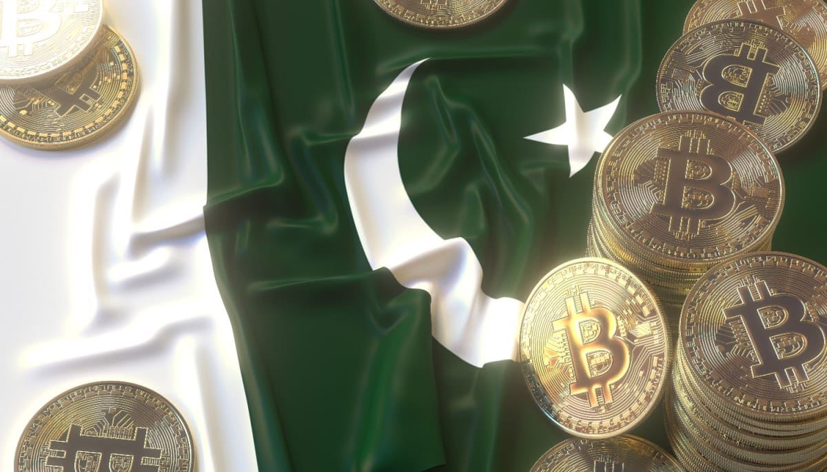 De vlag van pakistan met daarop meerdere bitcoin (BTC) munten
