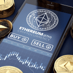 Foto van mobiel met Ethereum logo grafiek en munten