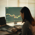 Trader laptop vrouw koers grafiek crypto