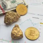 Een afbeelding van bitcoin en goud met dollars en een grafiek