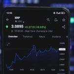 Een afbeelding van de XRP koers met groene cijfers en een hoop marktdata op de achtergrond