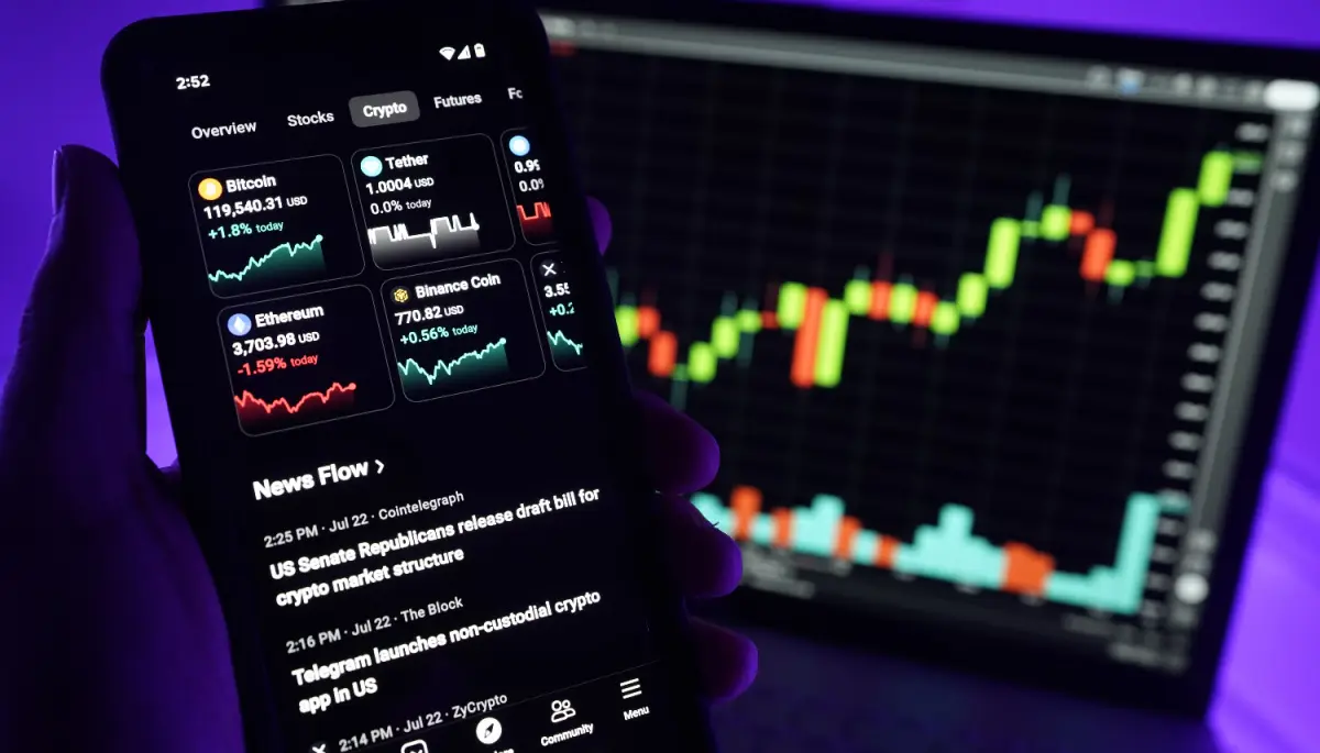 Een afbeelding van een aantal crypto koersen op een cryptobeurs met een grafiek van een munt_Bevat bitcoin, ethereum, USDT en BNB