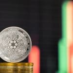 Een afbeelding van een cardano (ADA) munt met op de achtergrond een grafiek van een koers met een snelle prijsbeweging