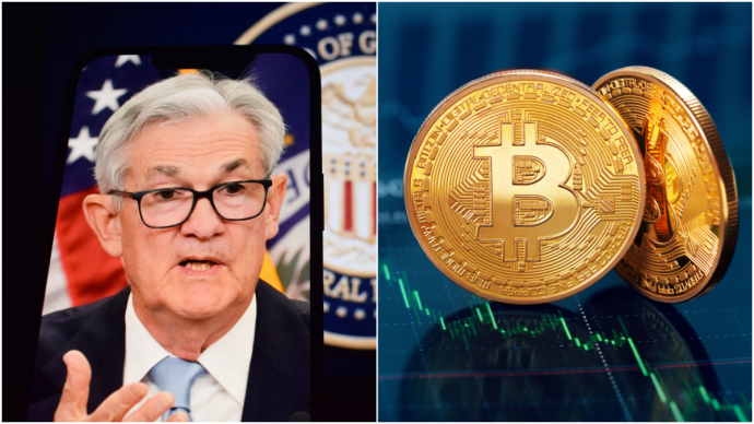 Bitcoin munten en Jerome Powell van Fed