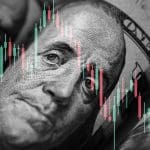 Een afbeelding van Amerikaanse dollars (USD) met daarbij een grafiek van een koers van een aandeel of crypto