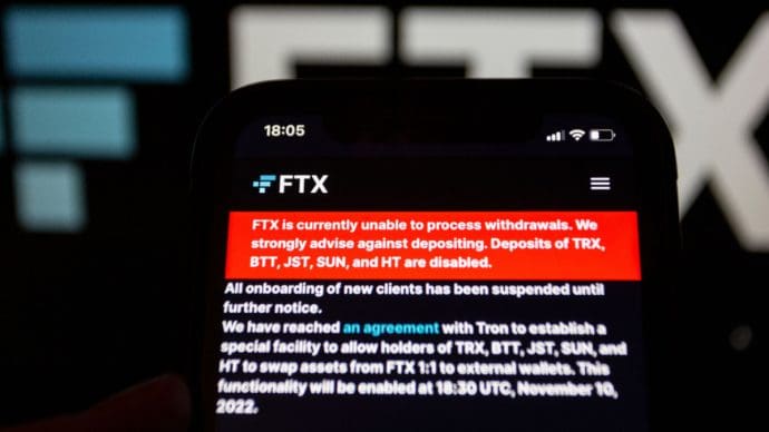 Een afbeelding van de failliete cryptobeurs FTX, met een scherm dat opnames uitgeschakeld zijn