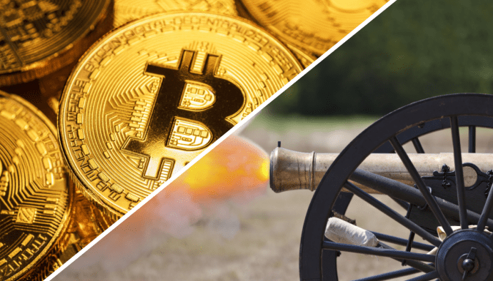 Een afbeelding van een bitcoin burgeroorlog split image
