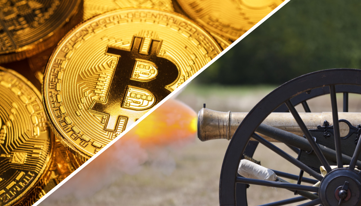 Een afbeelding van een bitcoin burgeroorlog split image