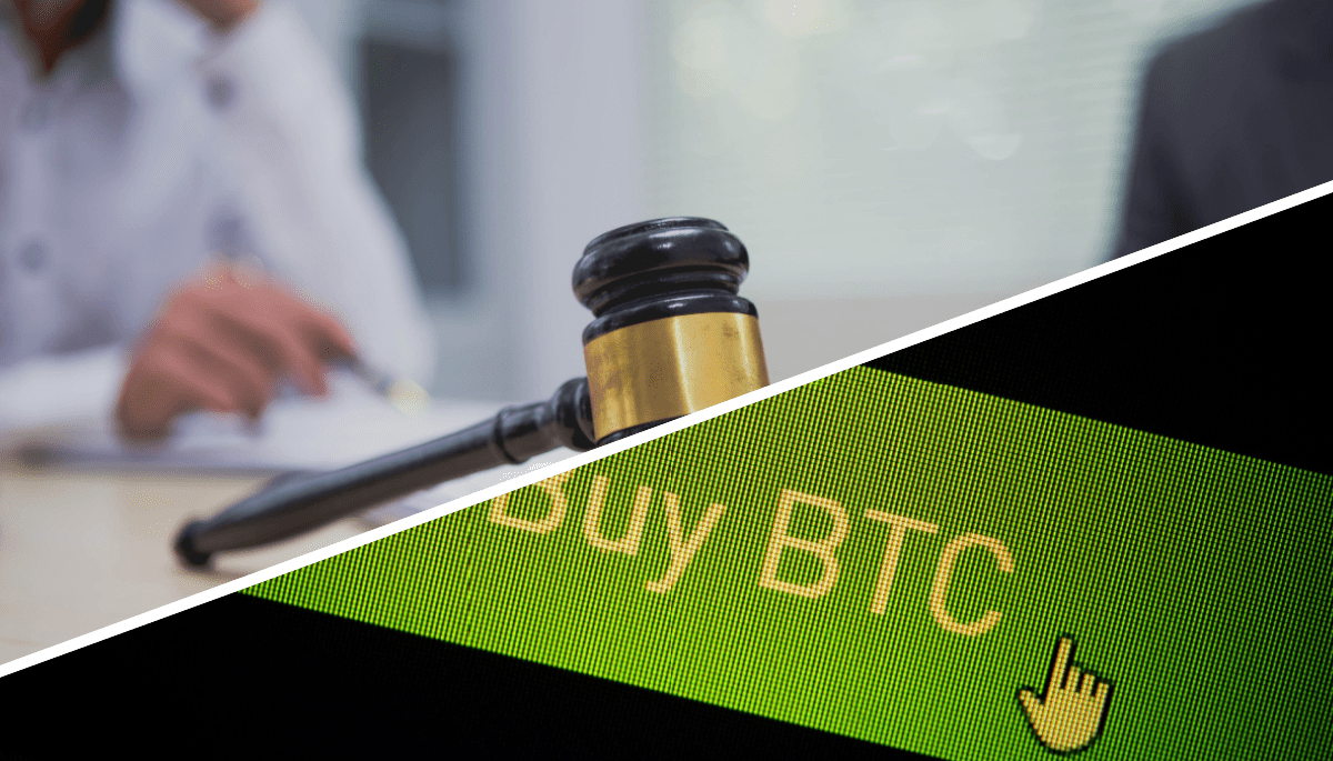 Een split image van een koop bitcoin afbeelding en een setting van de rechtbank