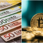 Euro biljetten en een bitcoin munt