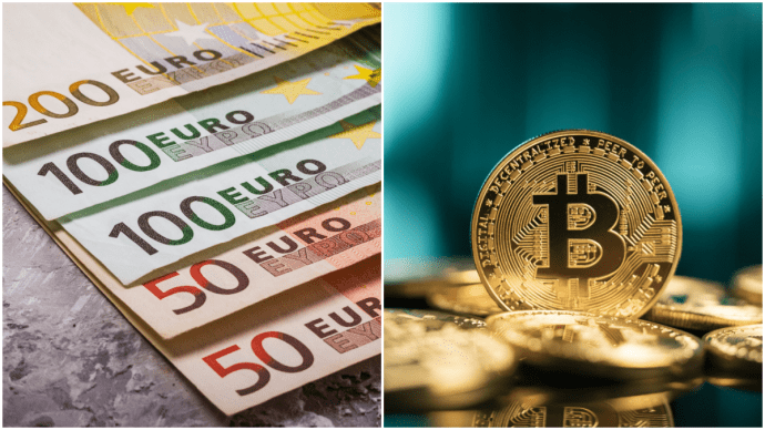 Euro biljetten en een bitcoin munt