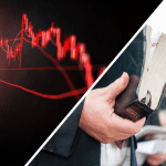 Een afbeelding van een dalende crypto of aandelen koers aan de linkerkant en aan de rechterkant een pastoor met een bijbel in zijn hand