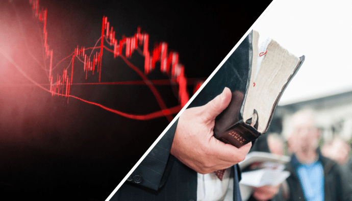 Een afbeelding van een dalende crypto of aandelen koers aan de linkerkant en aan de rechterkant een pastoor met een bijbel in zijn hand