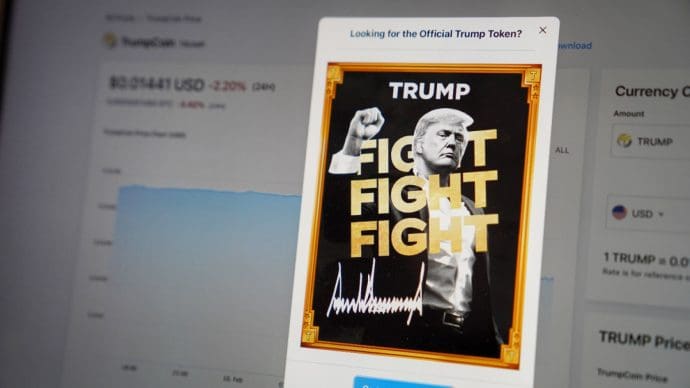 Een afbeelding van Fight Fight Fight, het bedrijf achter de memecoin van Donald Trump, de cryptomunt Official Trump (TRUMP) met daarbij een koers